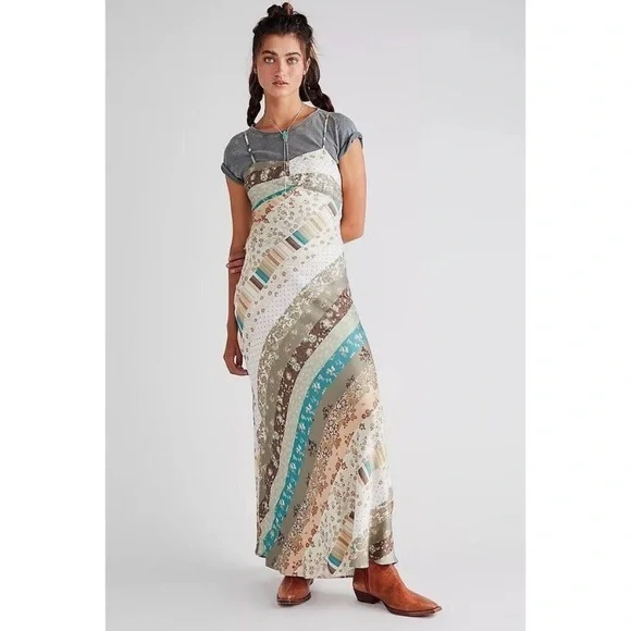 NWT Free People Dress Fiona Patchwork Maxi in Green Beige Print - Picture 2 of 11